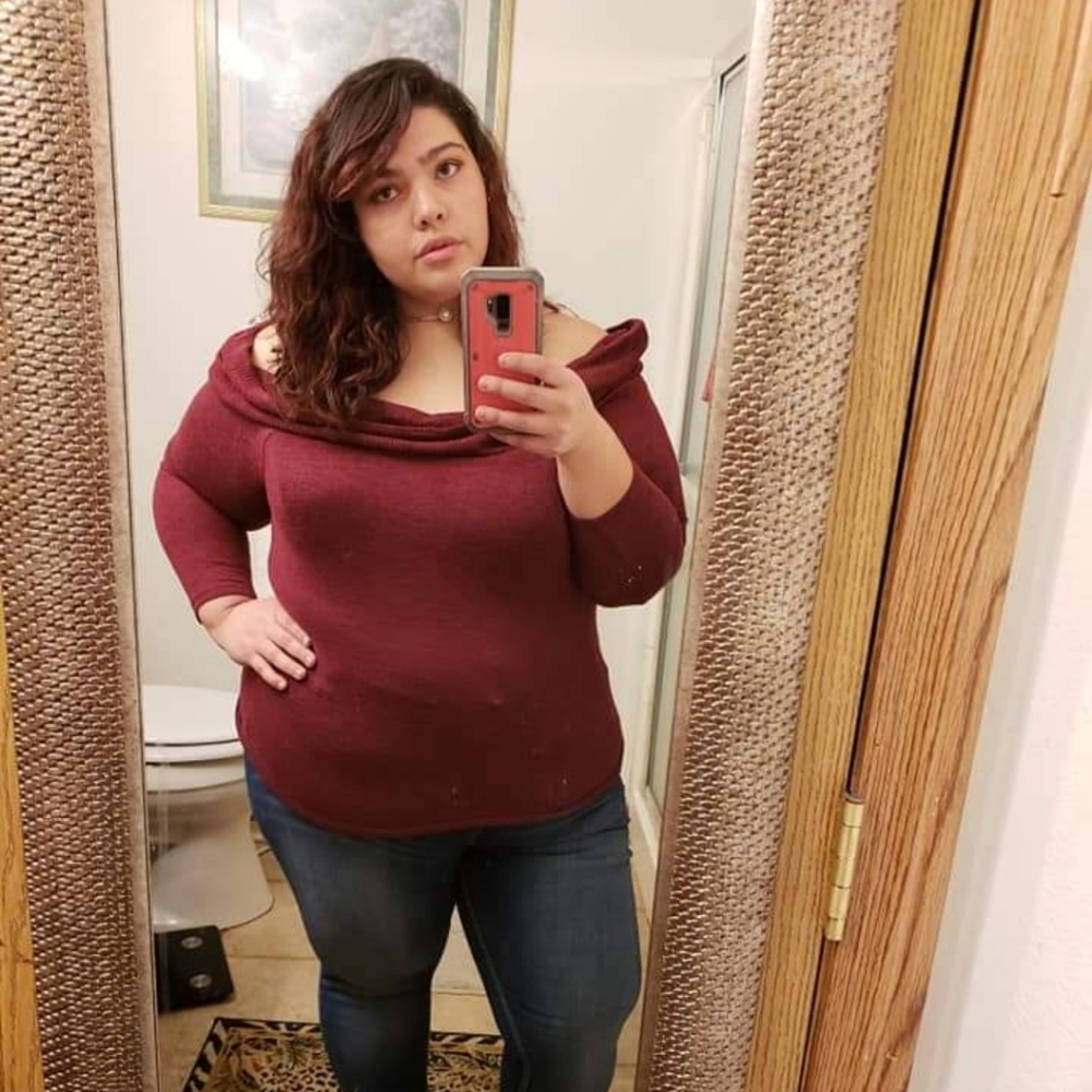 Over the shoulder burgundy sweater